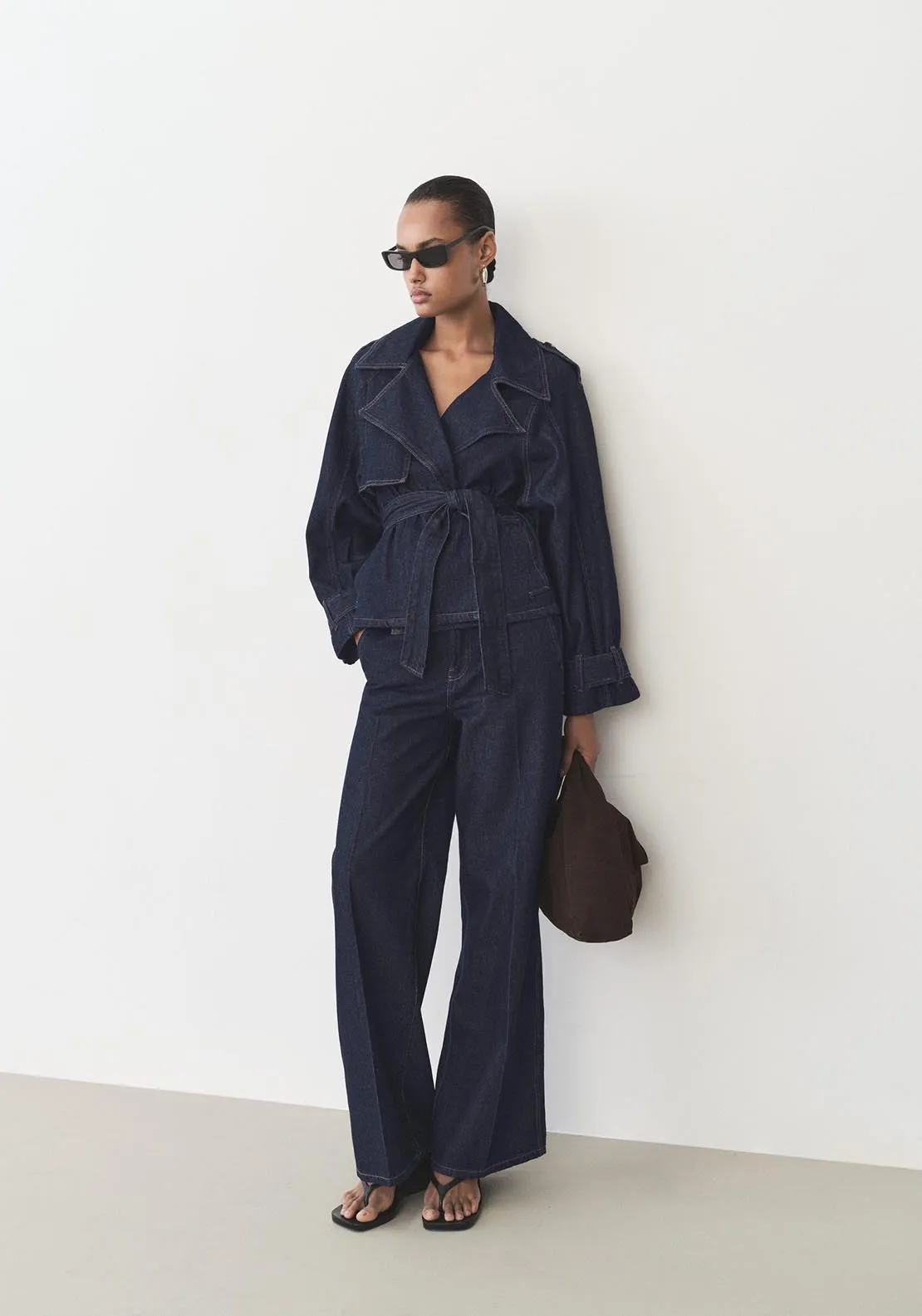 Short denim trench with belt - Open Blue