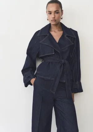Short denim trench with belt - Open Blue