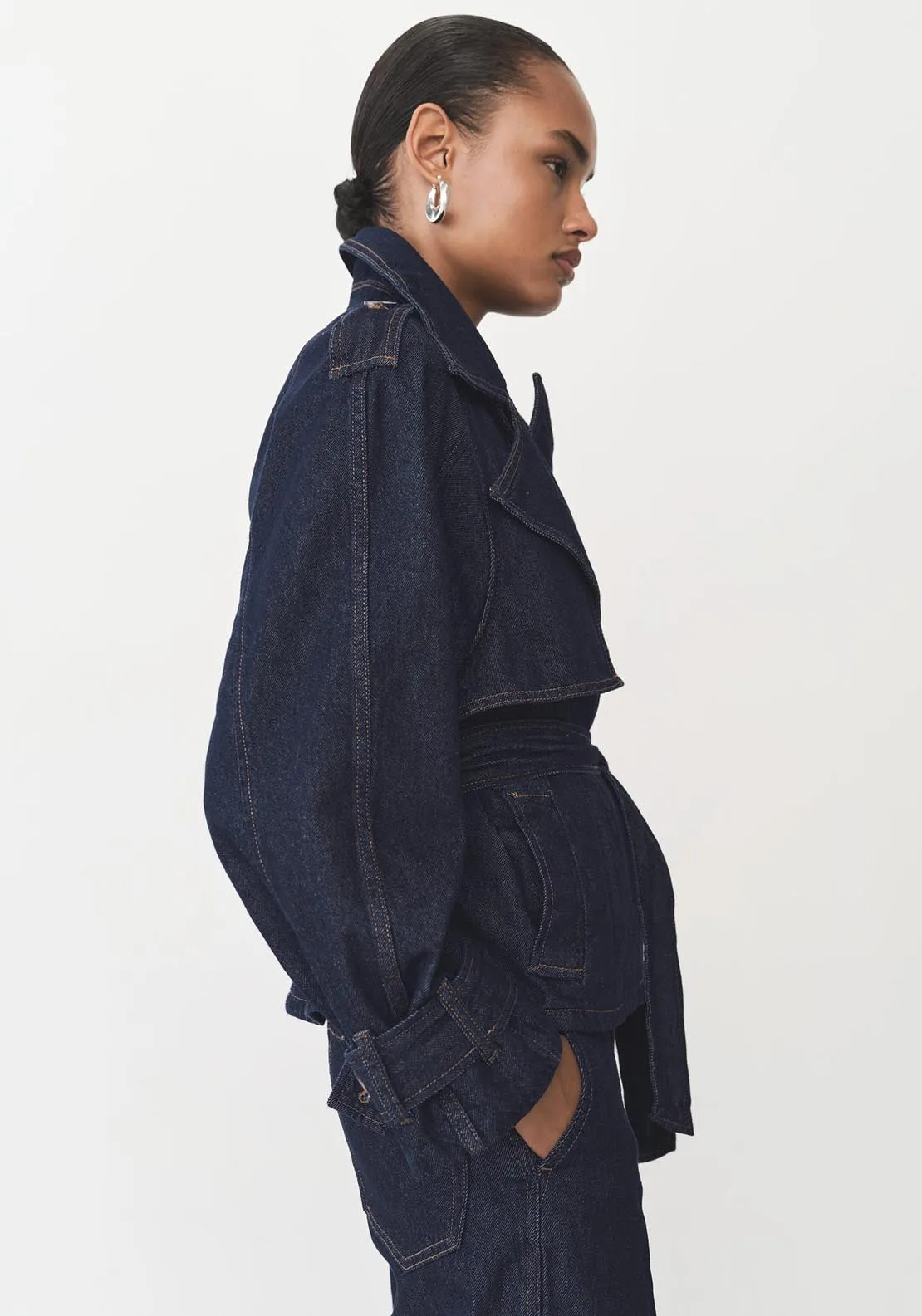 Short denim trench with belt - Open Blue