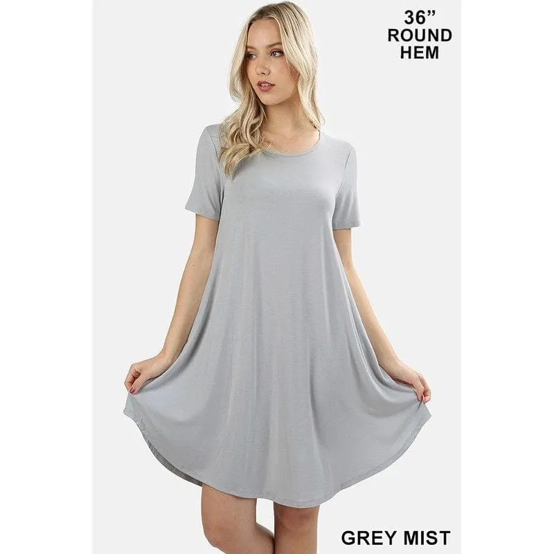 SHORT SLEEVE ROUND HEM A-LINE DRESS - SIDE POCKETS