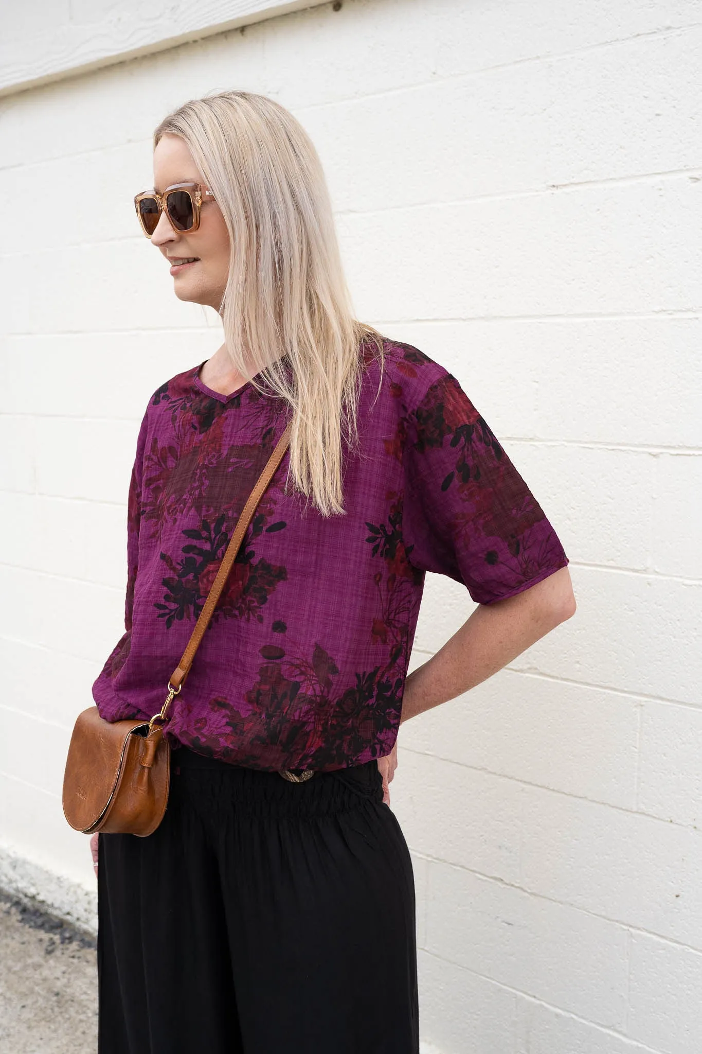Short Sleeve Verity Tie Top- Burgundy Floral