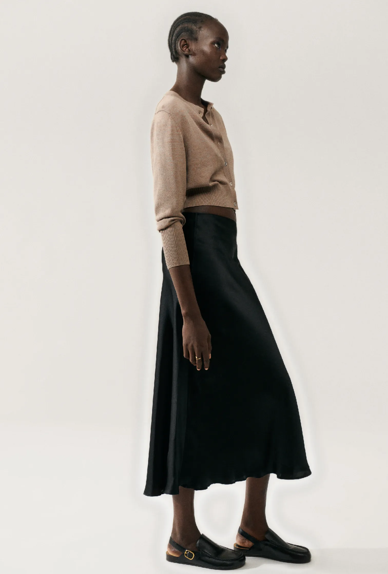 Silk Laundry | Long Bias Cut Skirt - Black Satin