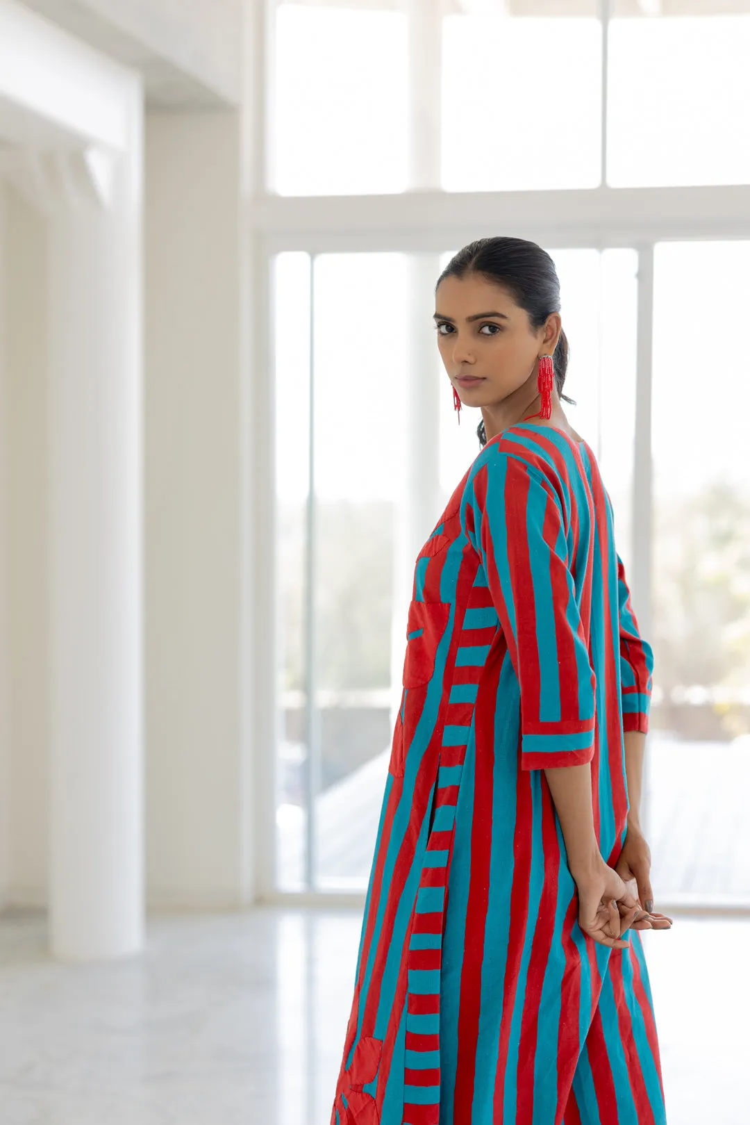 Sky Fire Striped Applique Kurta Set