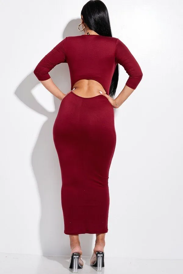 Solid 3/4 Sleeve Midi Dress With Back Cut Out