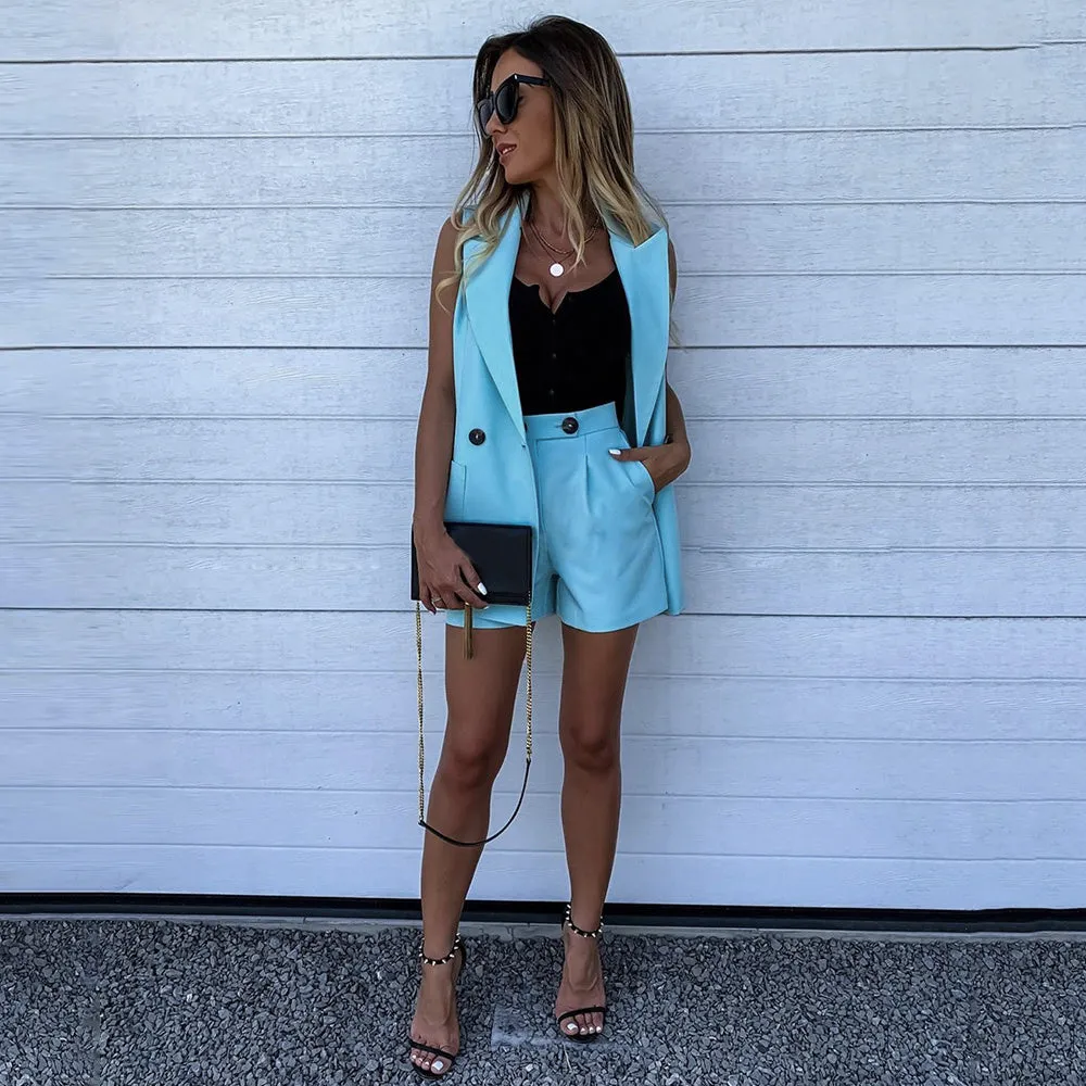 Solid Color Waistcoat & Wide-Leg Pants Suit
