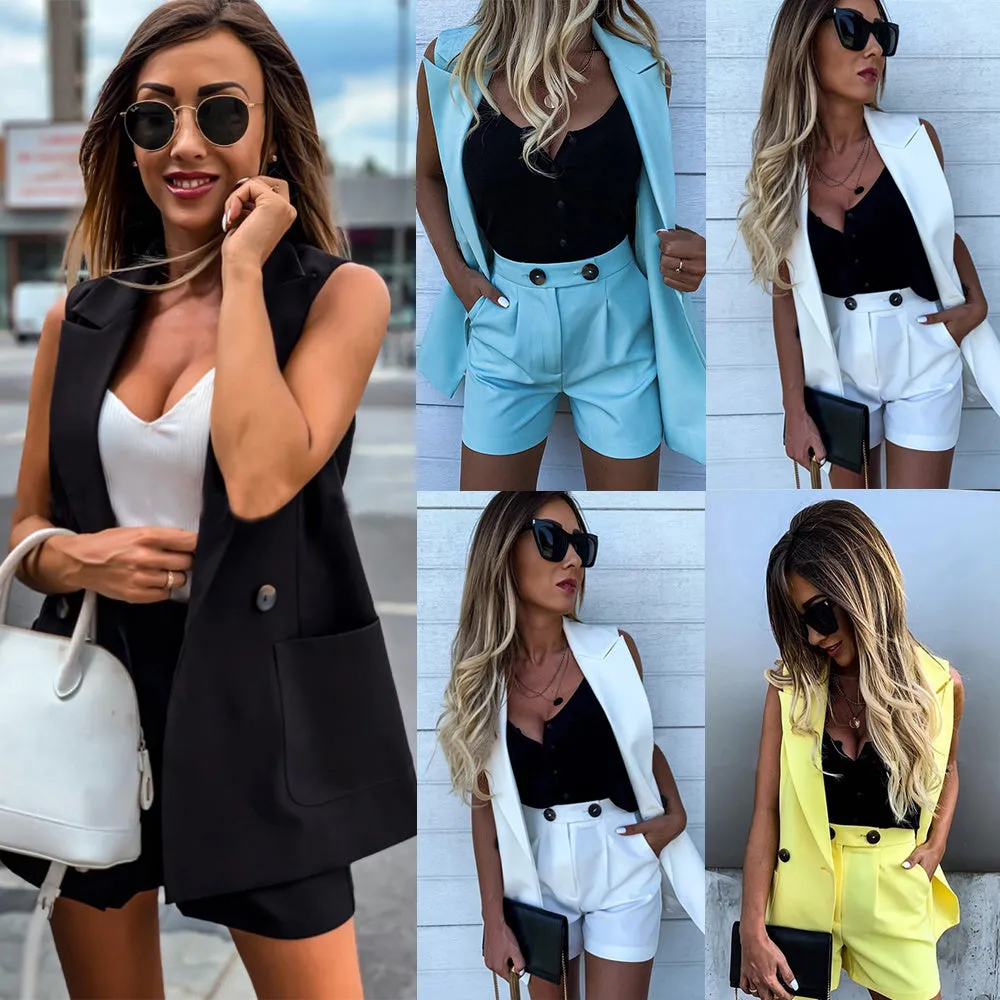 Solid Color Waistcoat & Wide-Leg Pants Suit