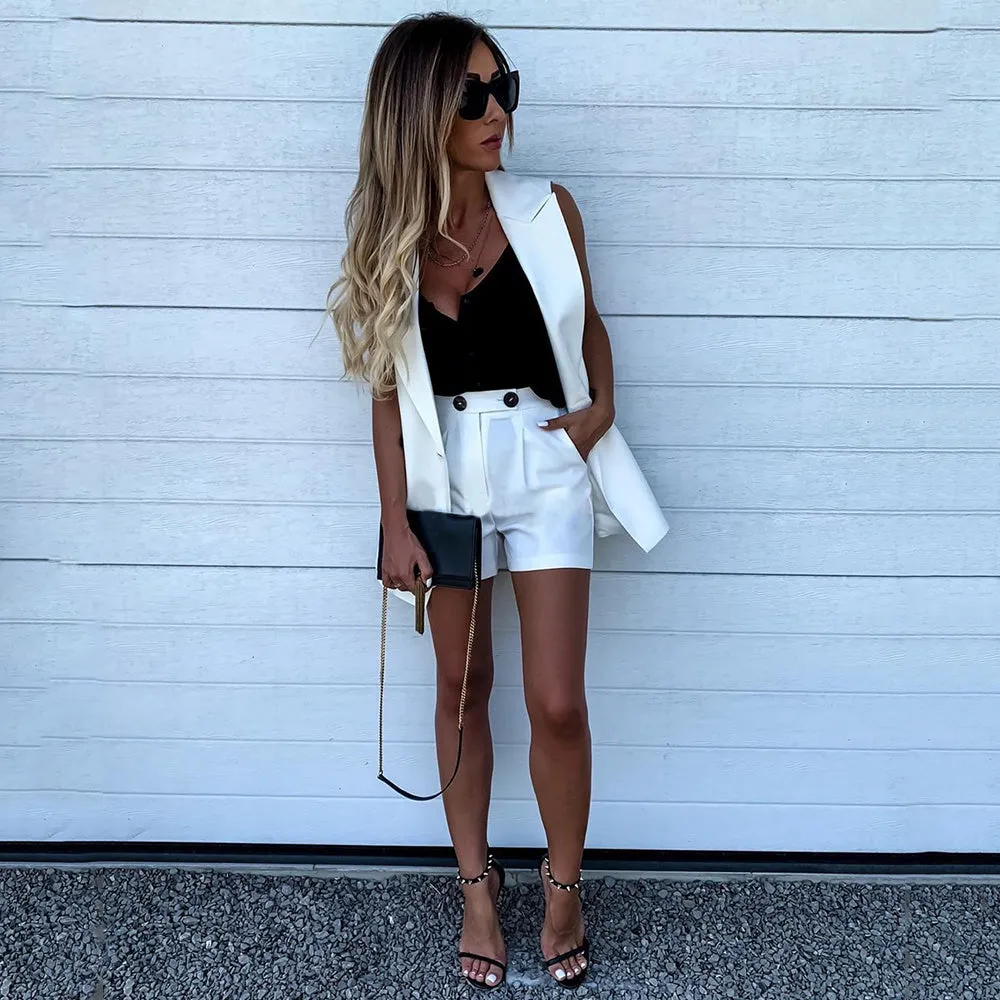 Solid Color Waistcoat & Wide-Leg Pants Suit