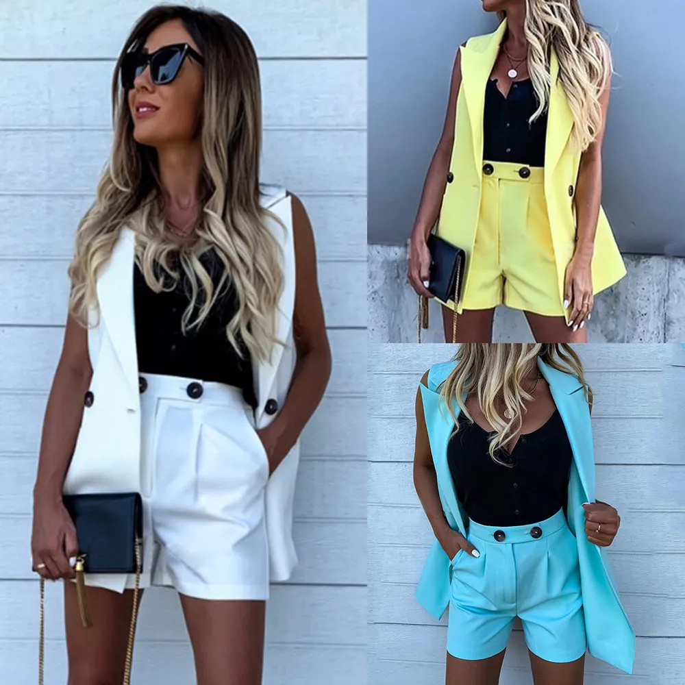 Solid Color Waistcoat & Wide-Leg Pants Suit