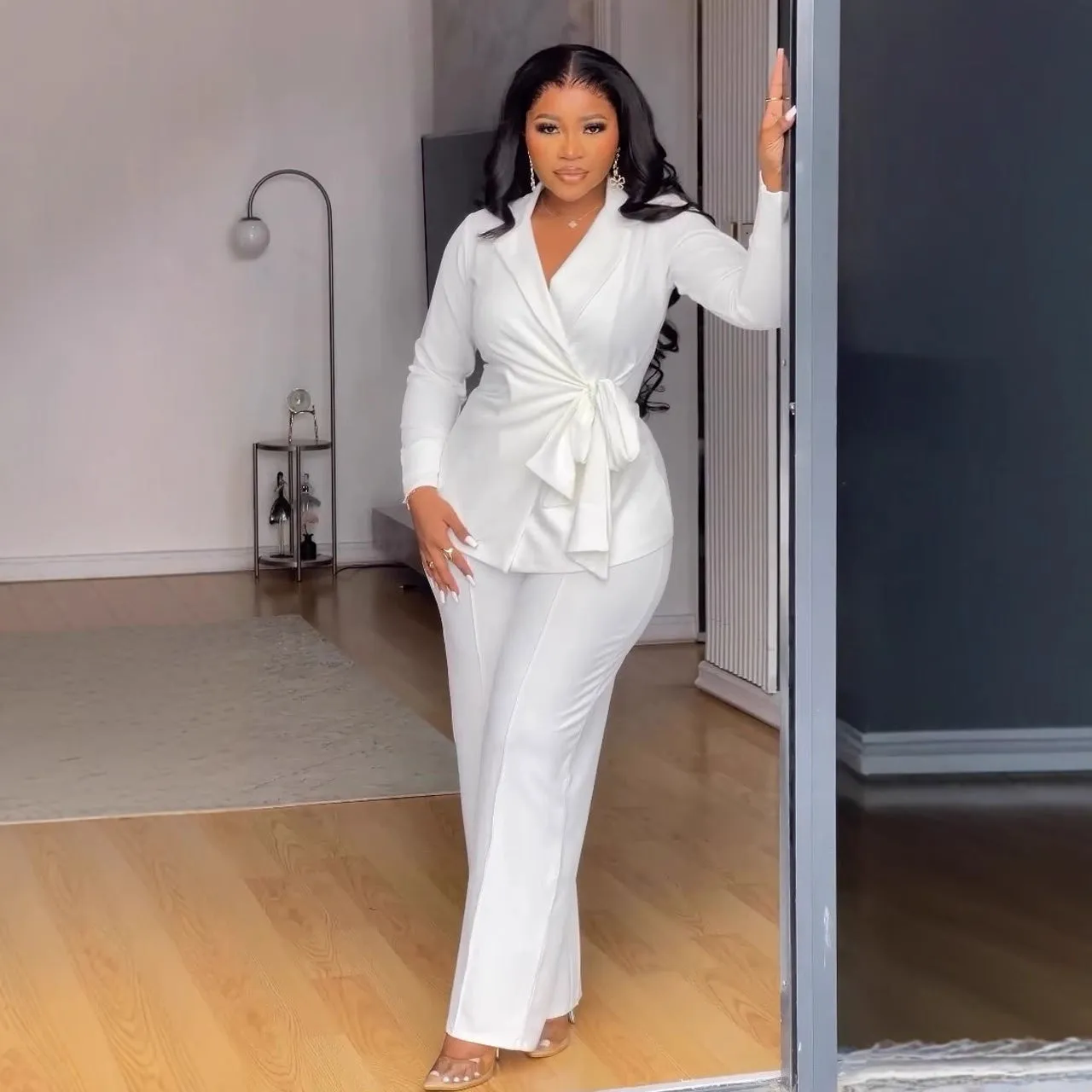 Sophisticated Chic Belted Blazer and Wide-Leg Pants Set