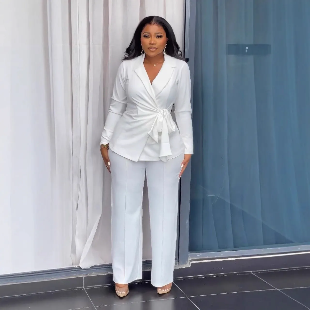 Sophisticated Chic Belted Blazer and Wide-Leg Pants Set