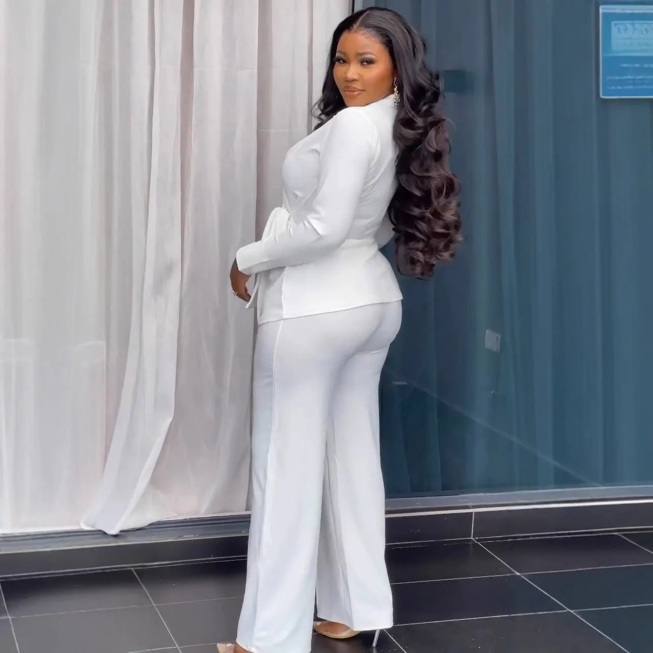 Sophisticated Chic Belted Blazer and Wide-Leg Pants Set