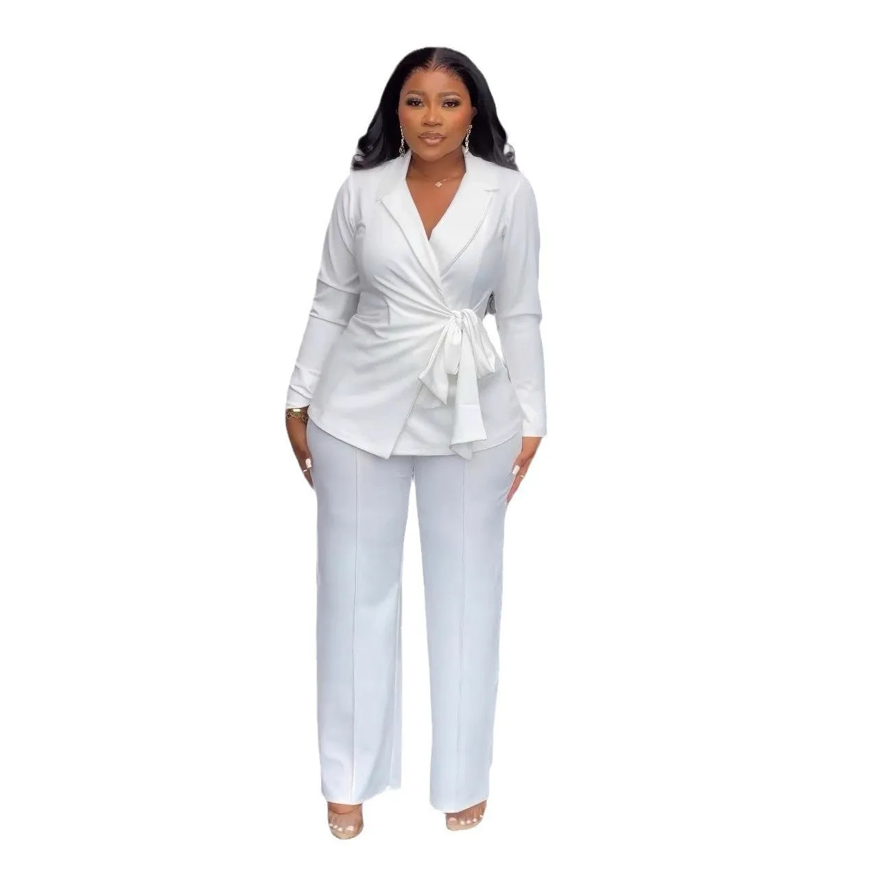 Sophisticated Chic Belted Blazer and Wide-Leg Pants Set