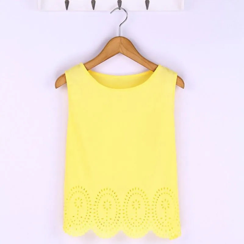 Style Women Cropped Top Chiffon Tank Sleeveless Hollow Out Plus Size Casual