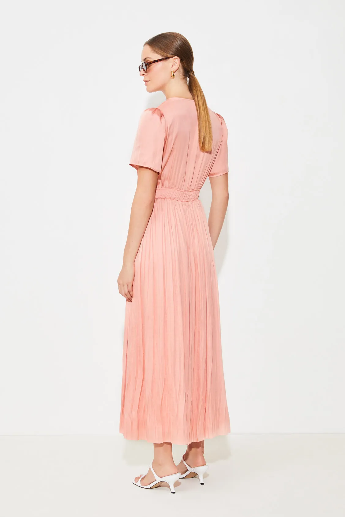 Suncoo Cyra Coral Pleated Midi Dress