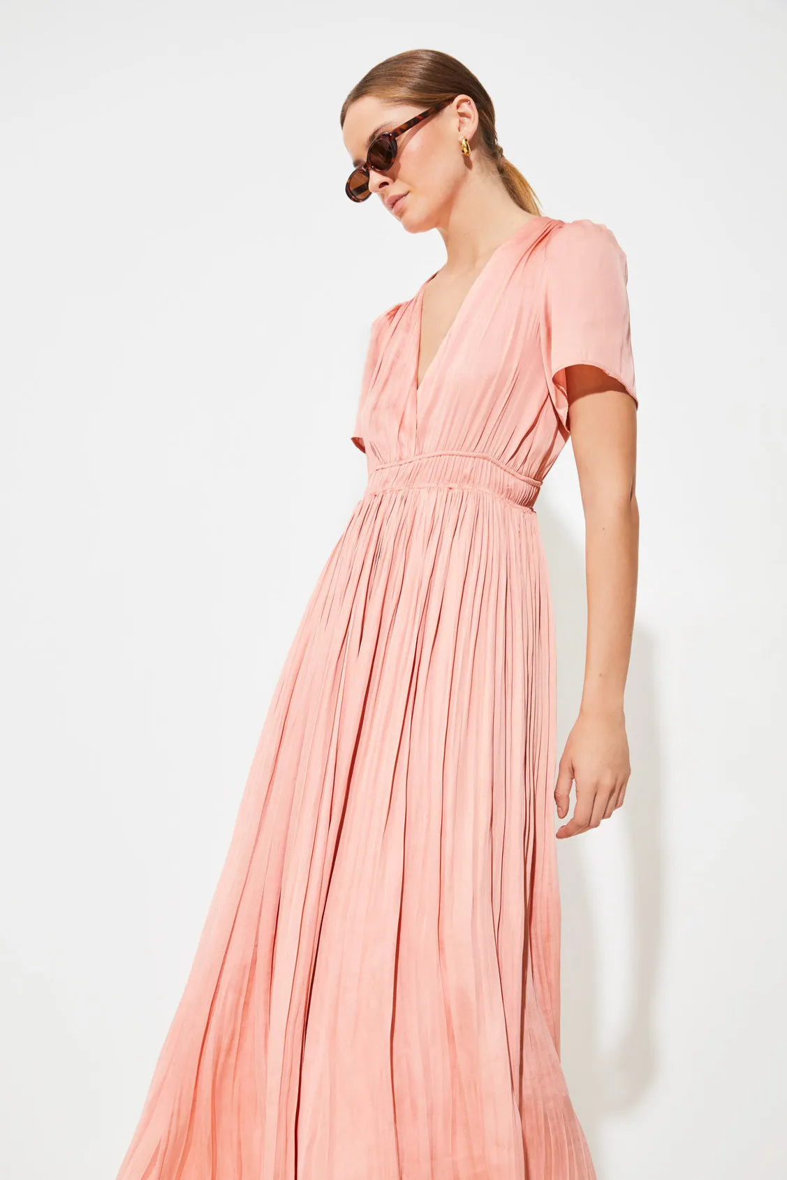 Suncoo Cyra Coral Pleated Midi Dress