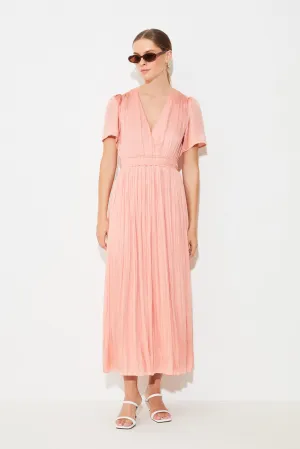 Suncoo Cyra Coral Pleated Midi Dress