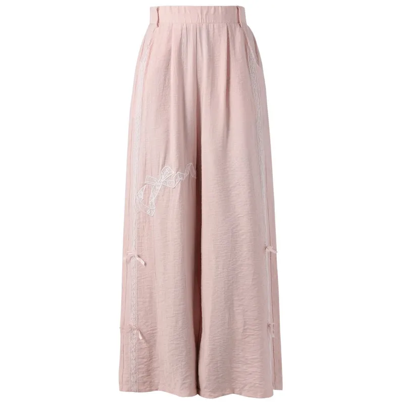 Sweet Girl Style Pink Lace Bow Embroidered Casual Pants