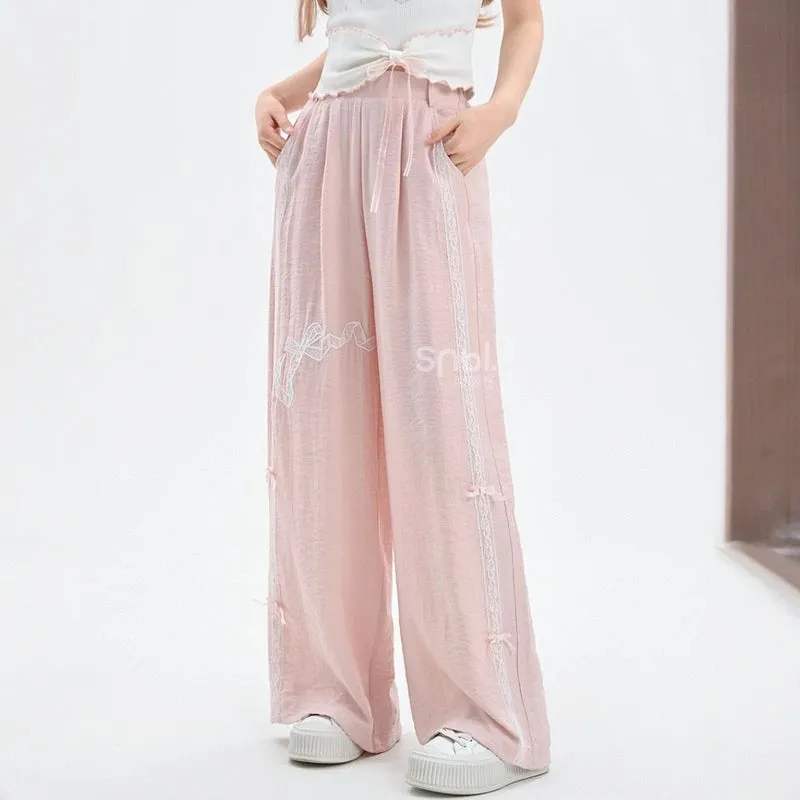 Sweet Girl Style Pink Lace Bow Embroidered Casual Pants