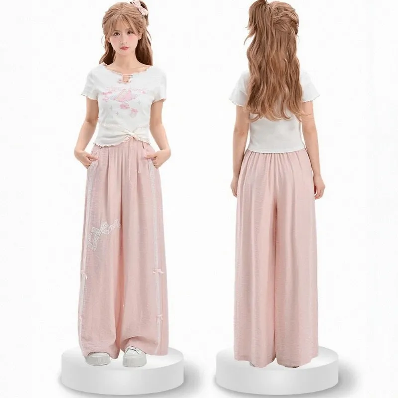 Sweet Girl Style Pink Lace Bow Embroidered Casual Pants