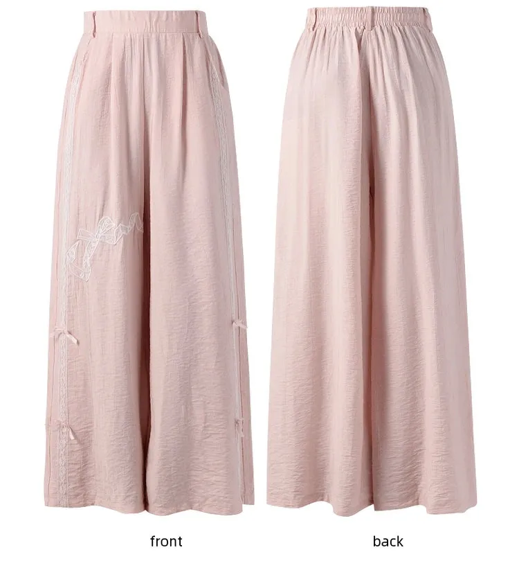 Sweet Girl Style Pink Lace Bow Embroidered Casual Pants