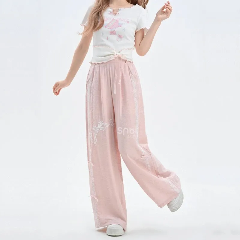 Sweet Girl Style Pink Lace Bow Embroidered Casual Pants