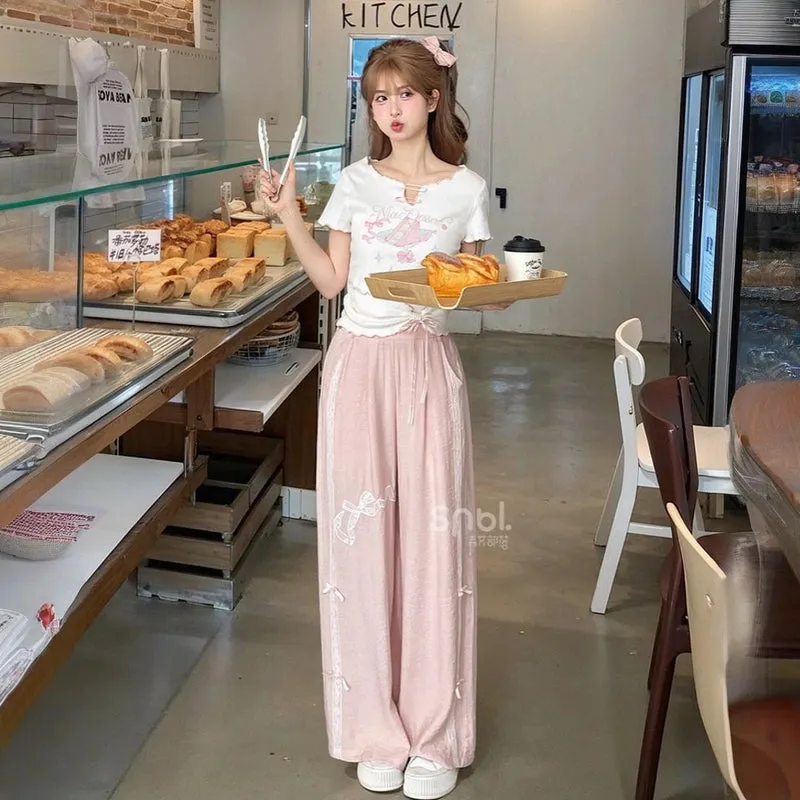 Sweet Girl Style Pink Lace Bow Embroidered Casual Pants