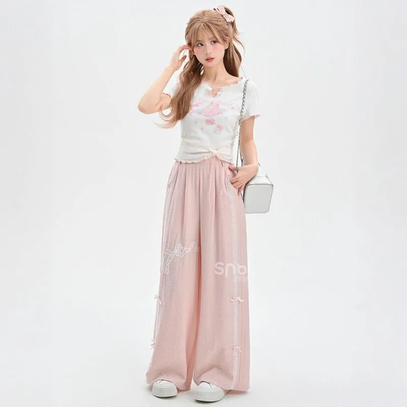 Sweet Girl Style Pink Lace Bow Embroidered Casual Pants