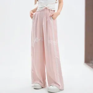 Sweet Girl Style Pink Lace Bow Embroidered Casual Pants