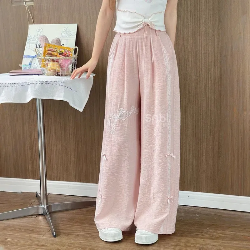 Sweet Girl Style Pink Lace Bow Embroidered Casual Pants