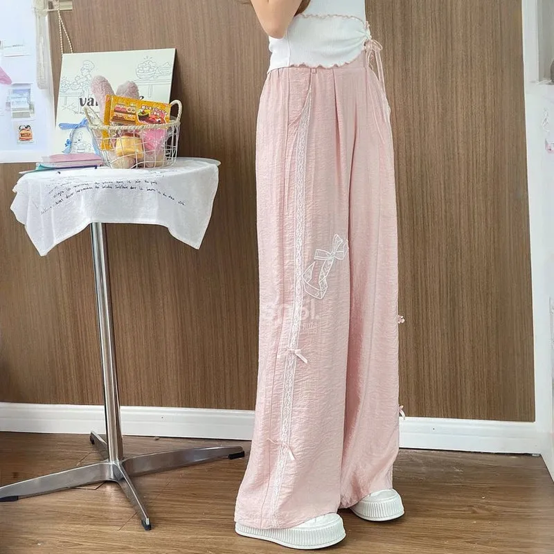 Sweet Girl Style Pink Lace Bow Embroidered Casual Pants