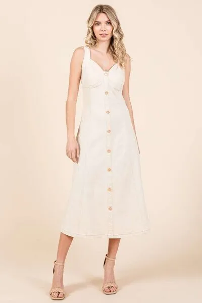 Tan Stretch Twill Decor Button Sleeveless Midi Dress