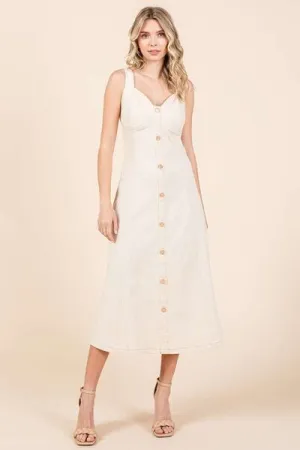 Tan Stretch Twill Decor Button Sleeveless Midi Dress