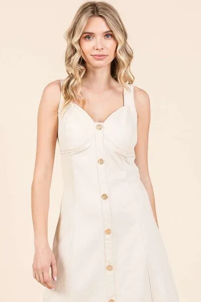 Tan Stretch Twill Decor Button Sleeveless Midi Dress