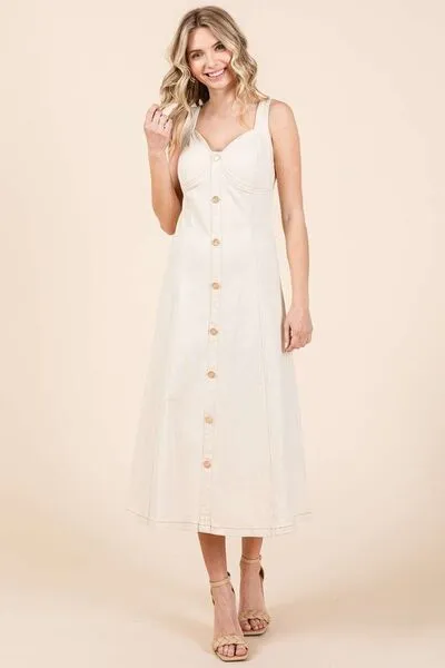 Tan Stretch Twill Decor Button Sleeveless Midi Dress