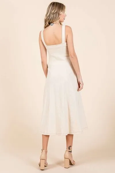 Tan Stretch Twill Decor Button Sleeveless Midi Dress