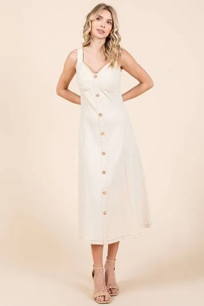 Tan Stretch Twill Decor Button Sleeveless Midi Dress