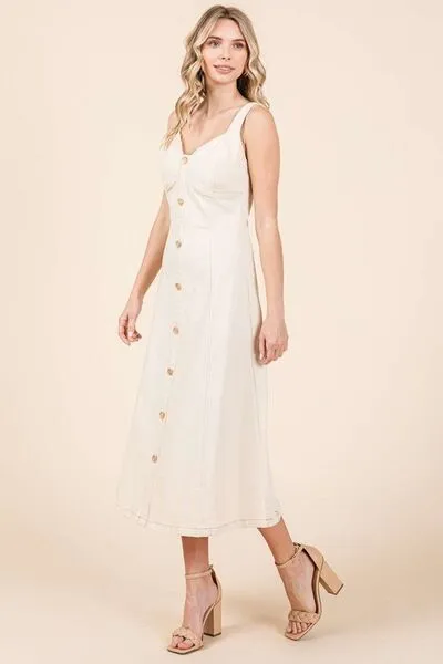 Tan Stretch Twill Decor Button Sleeveless Midi Dress
