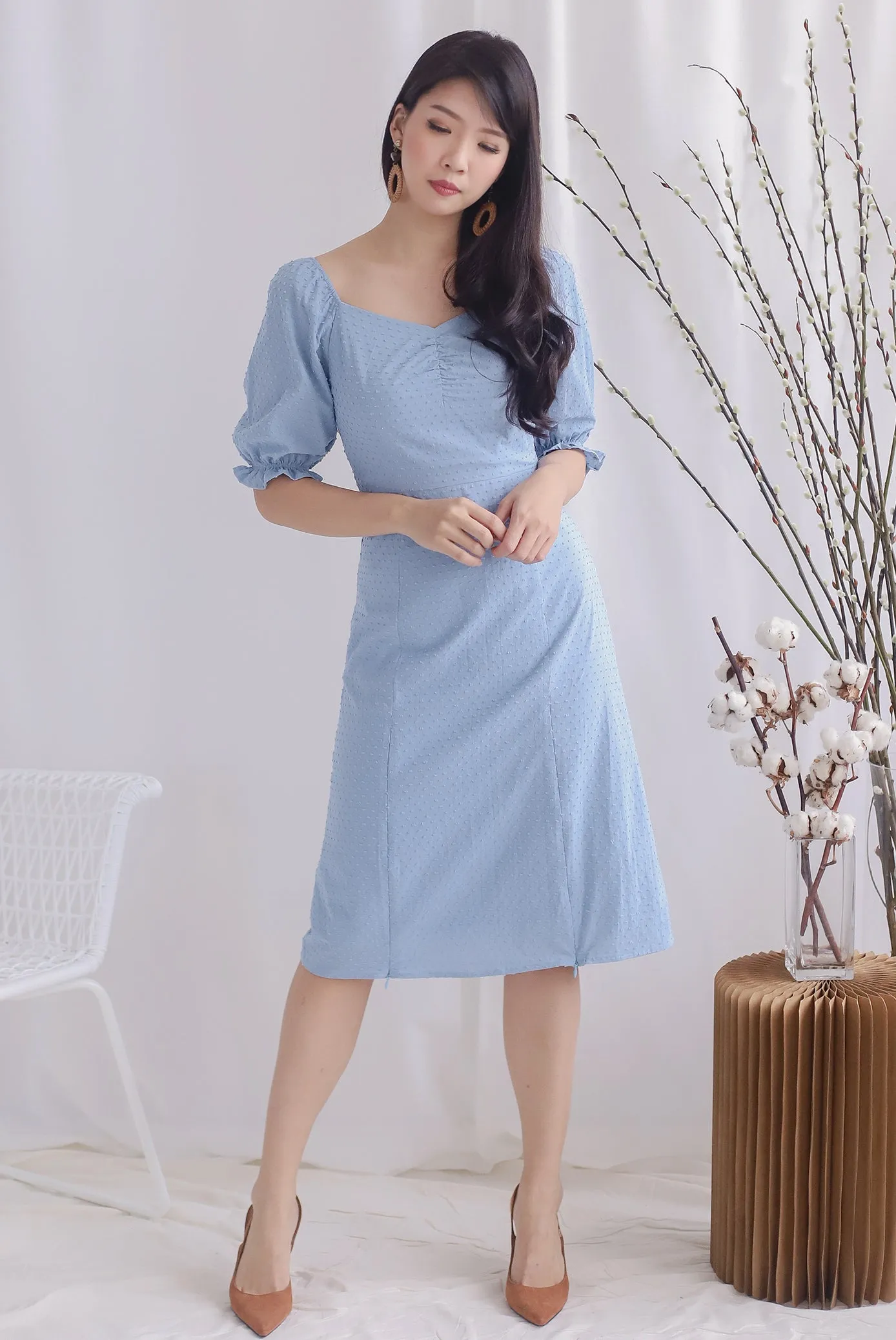 TDC Noelle Zip Slit Midi Dress In Blue Swiss