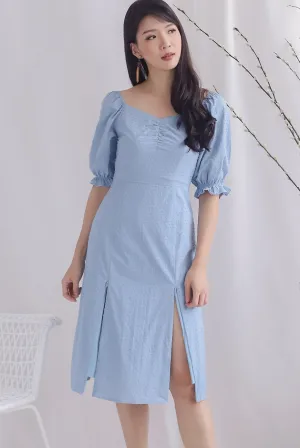 TDC Noelle Zip Slit Midi Dress In Blue Swiss