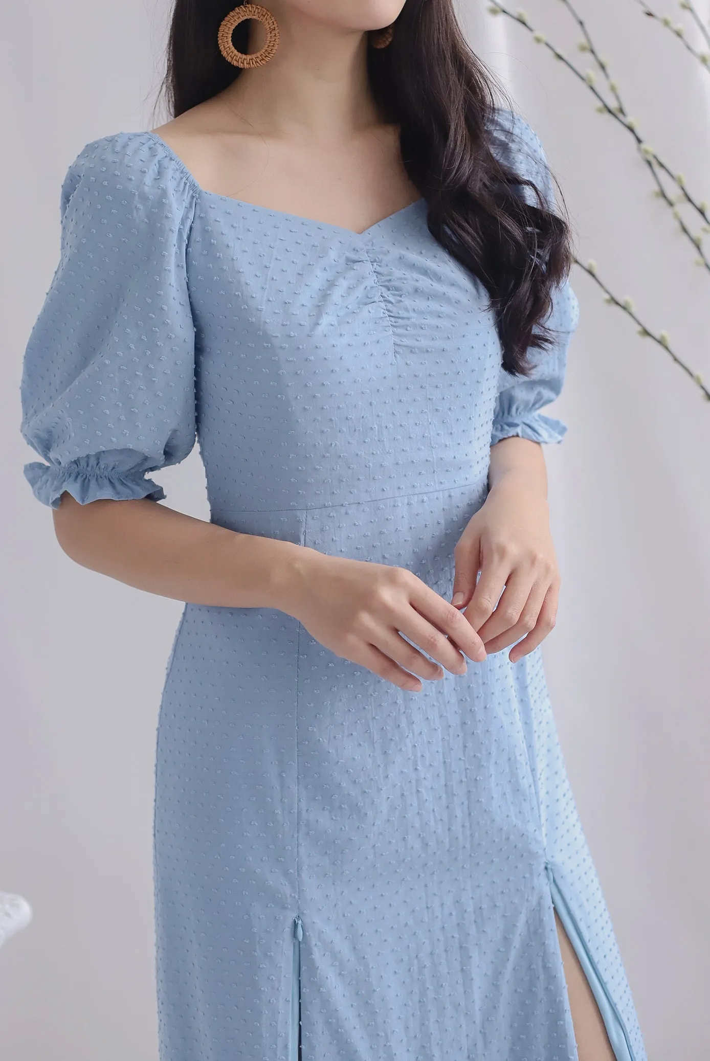 TDC Noelle Zip Slit Midi Dress In Blue Swiss