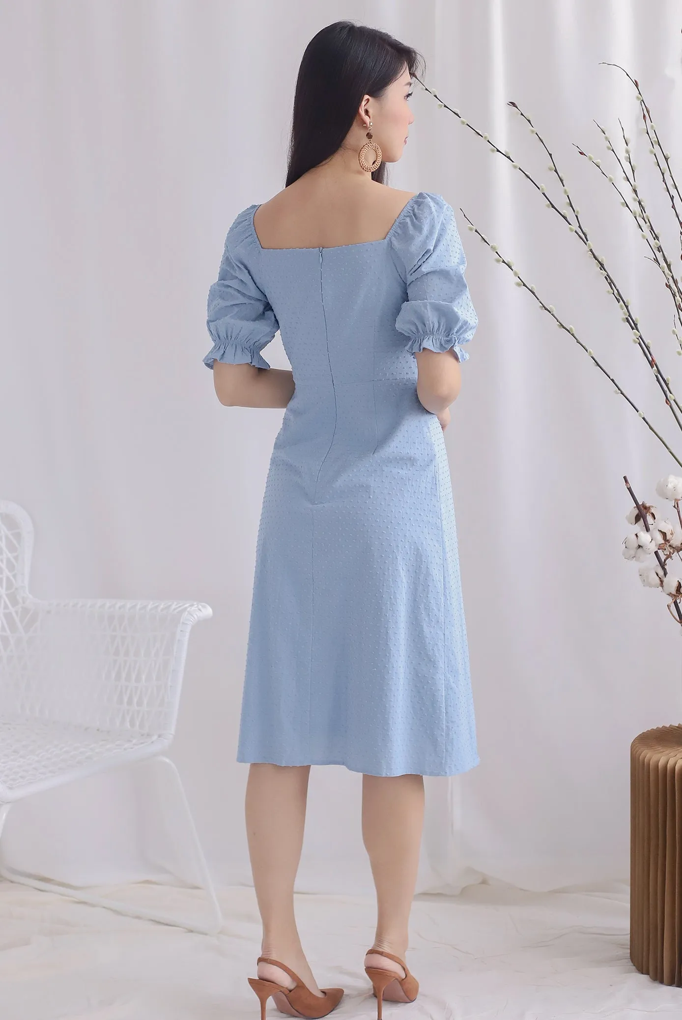 TDC Noelle Zip Slit Midi Dress In Blue Swiss