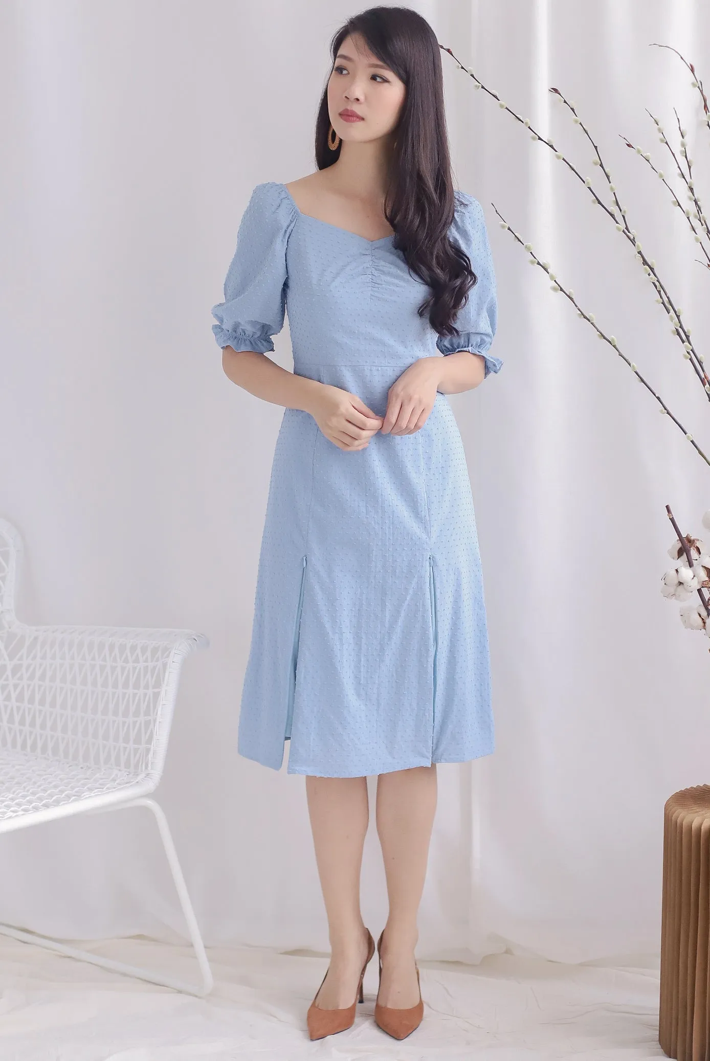 TDC Noelle Zip Slit Midi Dress In Blue Swiss