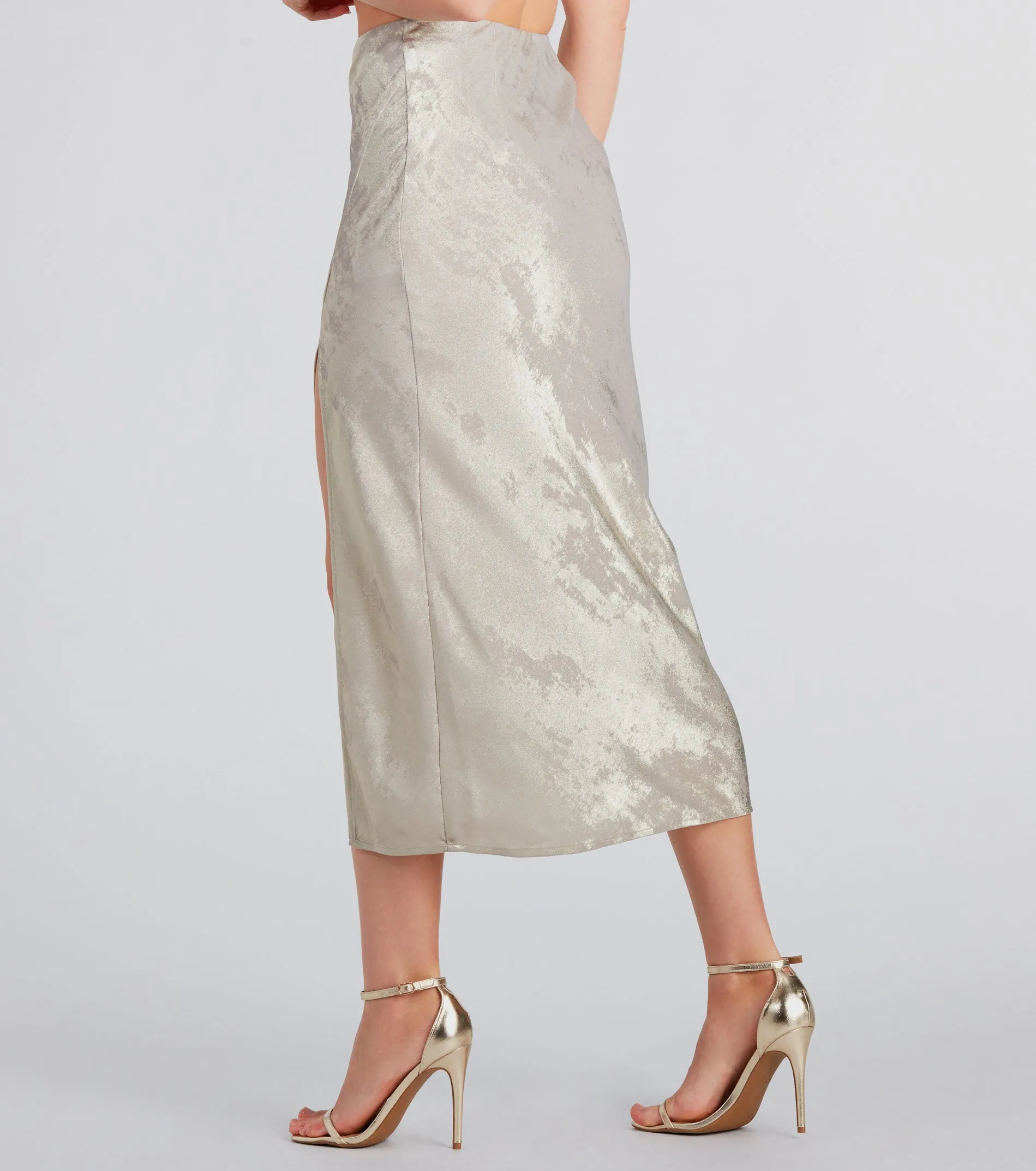 Trendy Shine Foiled Satin Midi Skirt