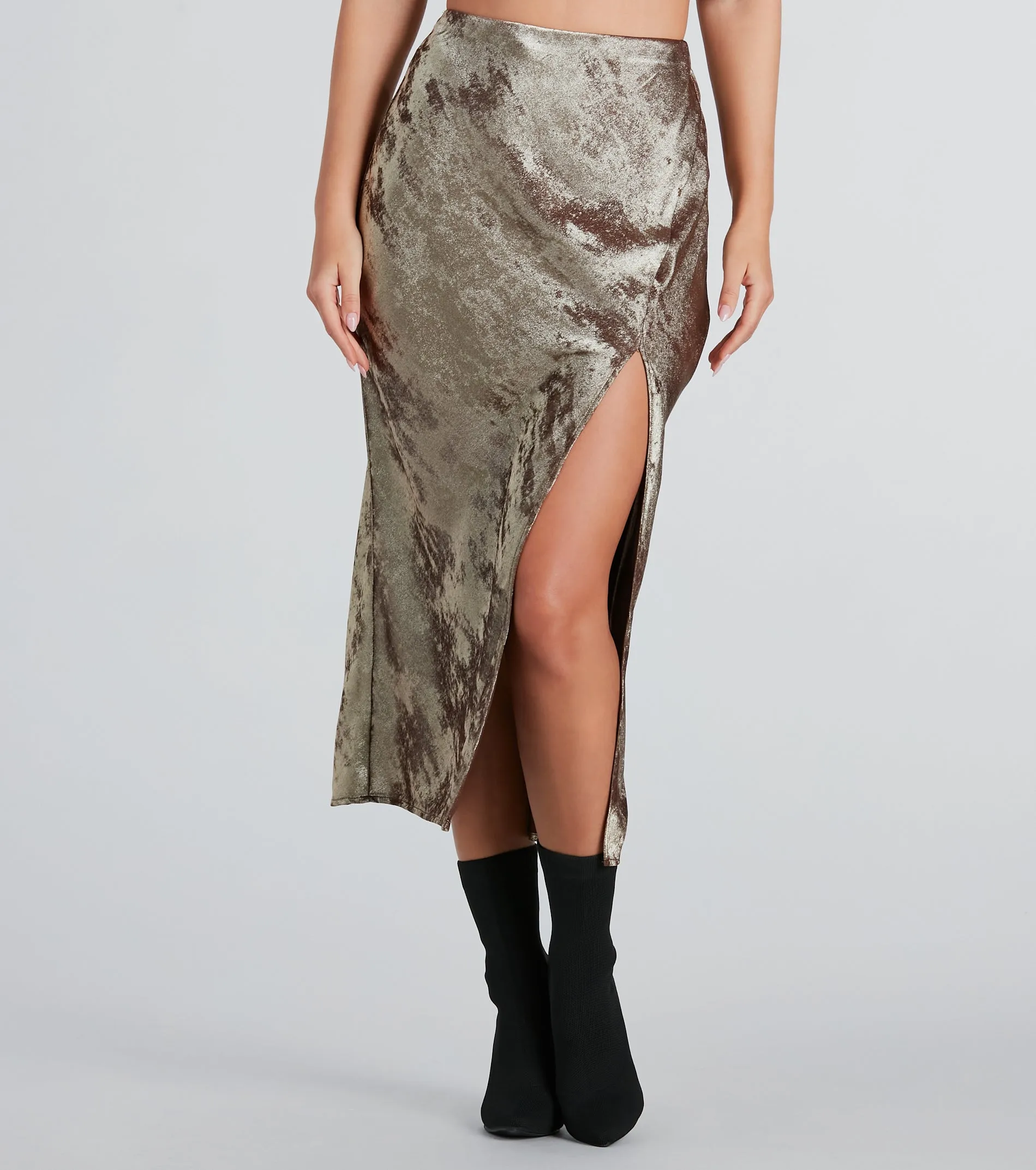 Trendy Shine Foiled Satin Midi Skirt