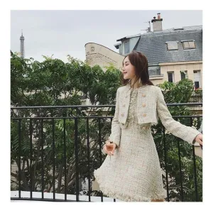 Tweed Wool Jacket Sleeveless Dress Twin set Ladies Woolen Tassel Dress Midi Dress