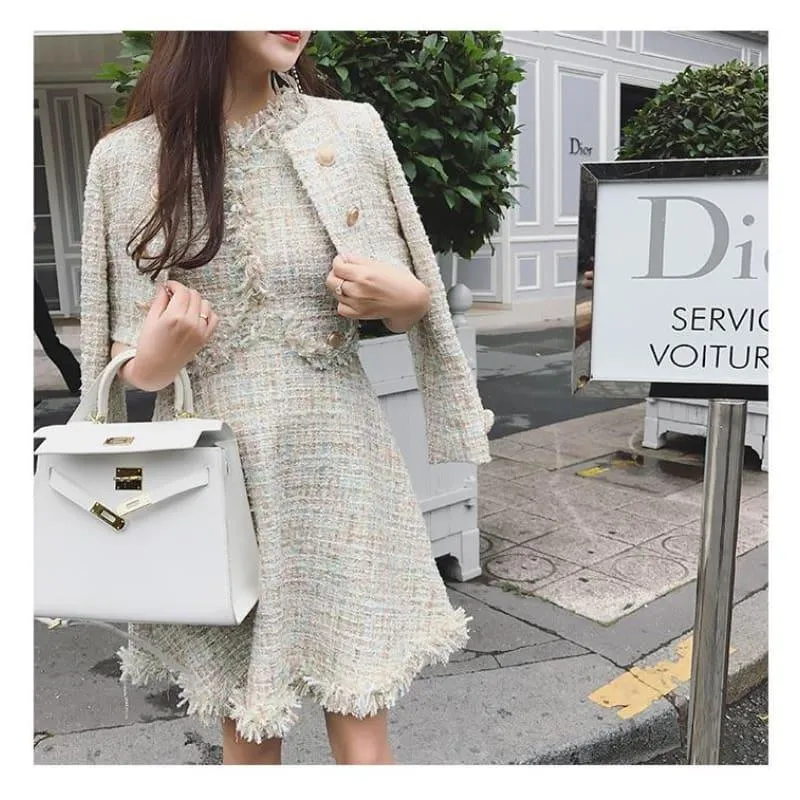 Tweed Wool Jacket Sleeveless Dress Twin set Ladies Woolen Tassel Dress Midi Dress