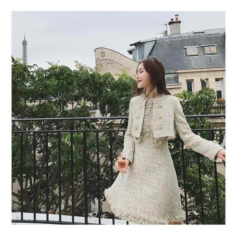 Tweed Wool Jacket Sleeveless Dress Twin set Ladies Woolen Tassel Dress Midi Dress