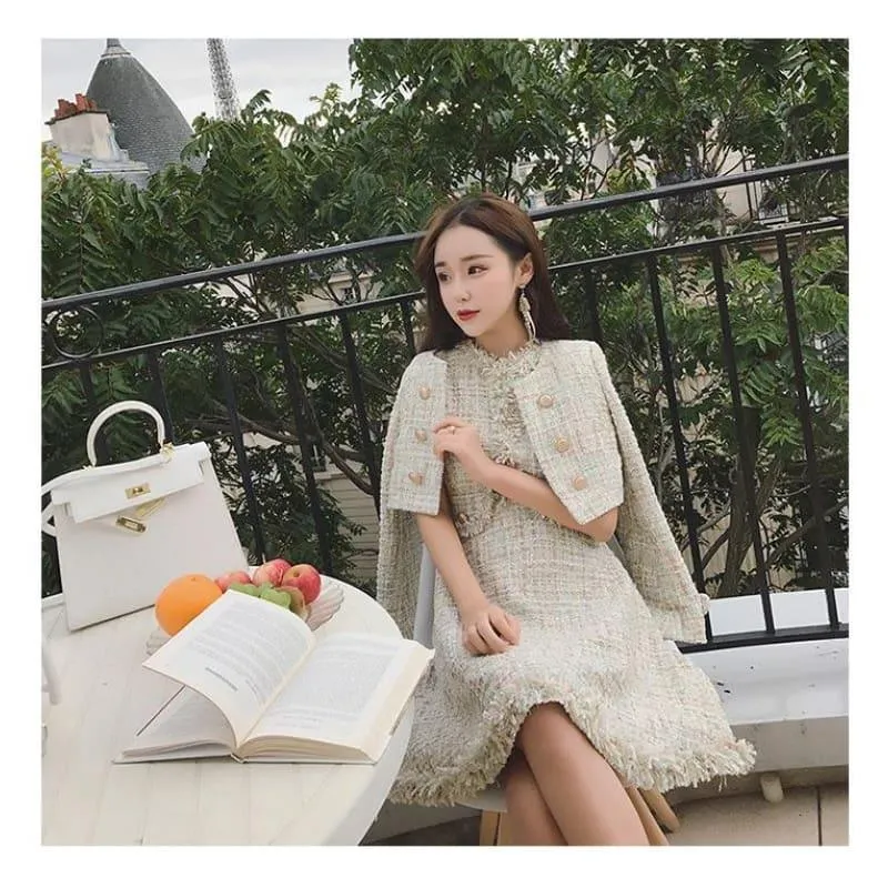 Tweed Wool Jacket Sleeveless Dress Twin set Ladies Woolen Tassel Dress Midi Dress
