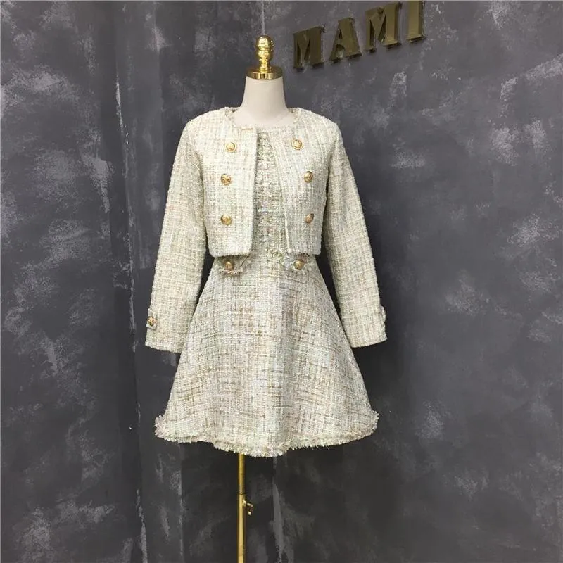 Tweed Wool Jacket Sleeveless Dress Twin set Ladies Woolen Tassel Dress Midi Dress