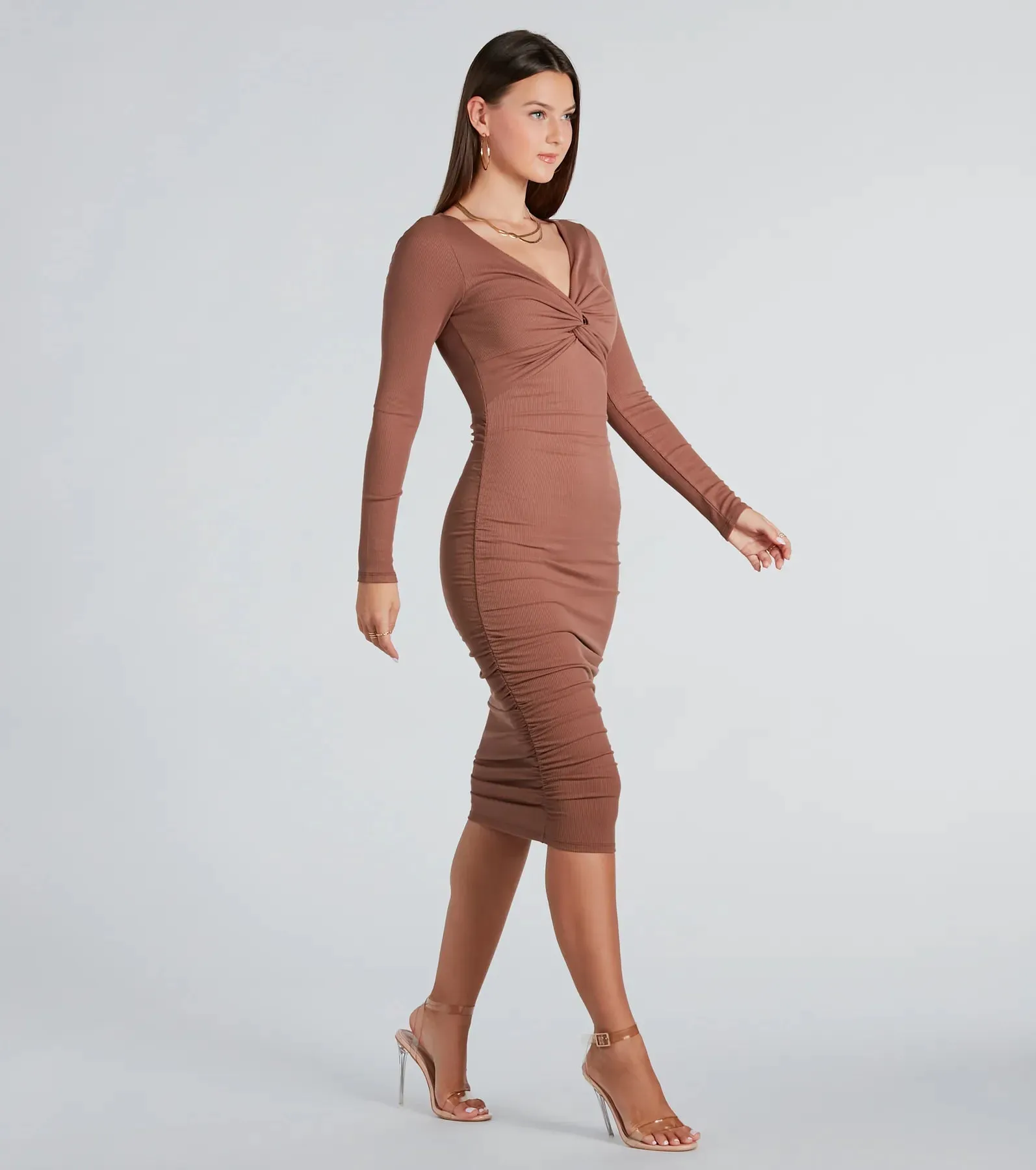 Twisted Up Long Sleeve Rib Knit Midi Dress